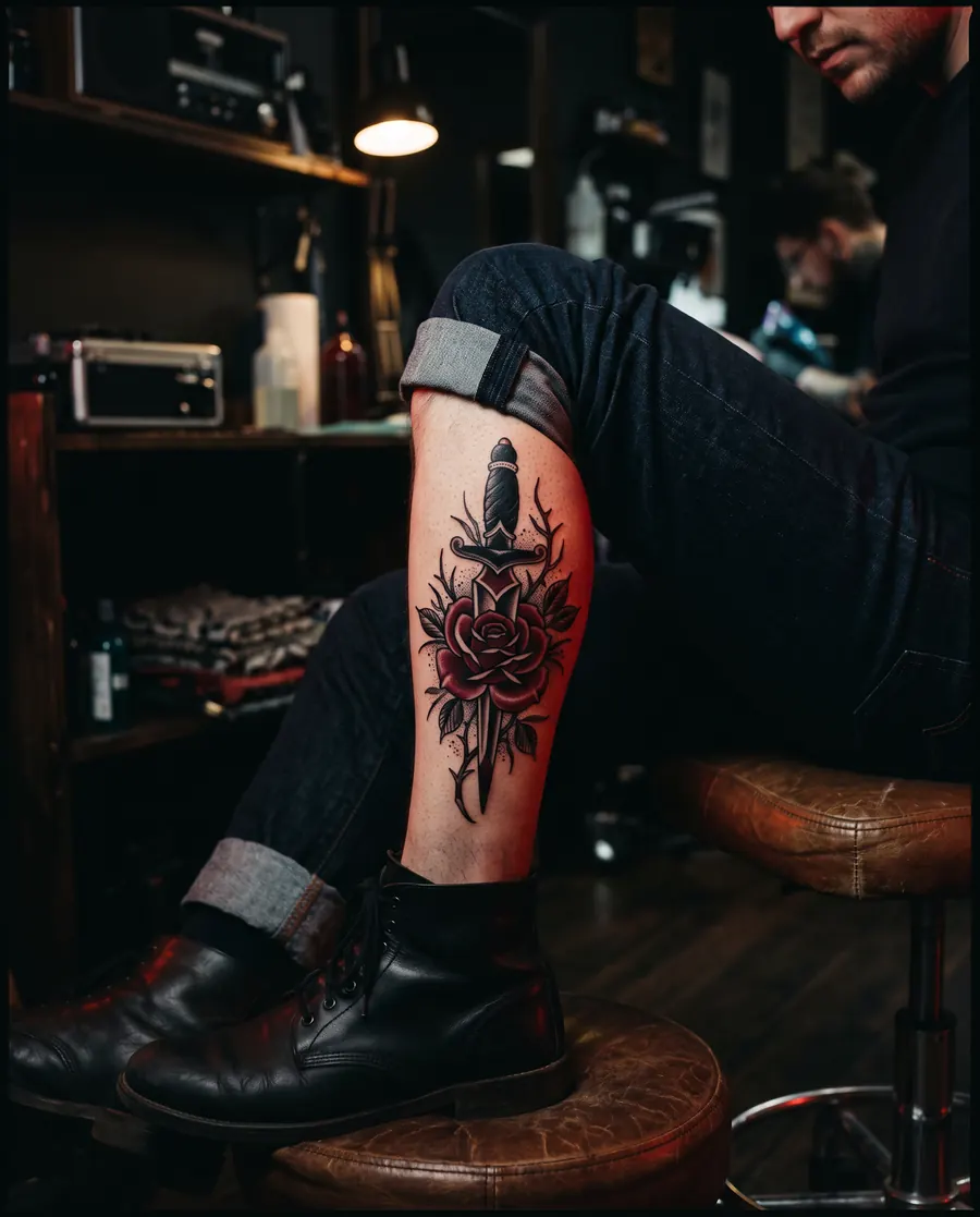 Tatouage néo-traditionnel noir et rouge : dague